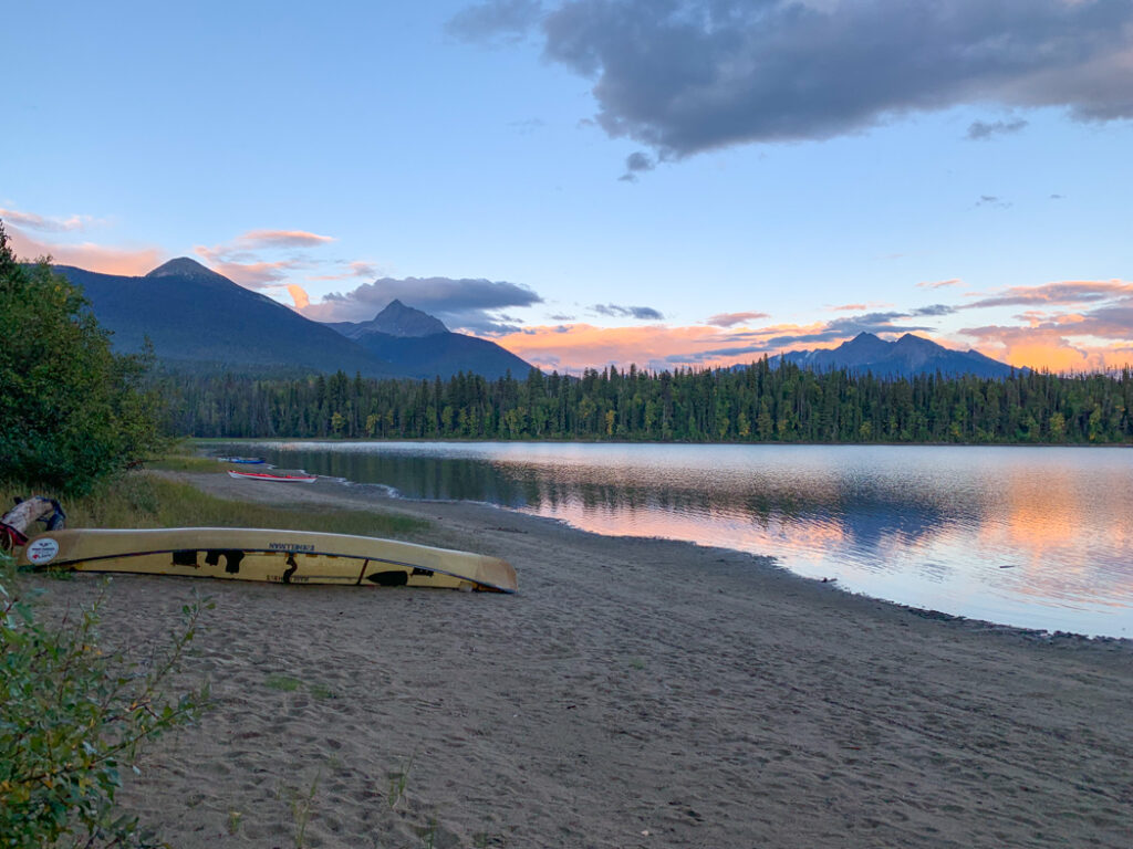 Sunset at Unna Lake on the Bowron Lakes canoe trip
