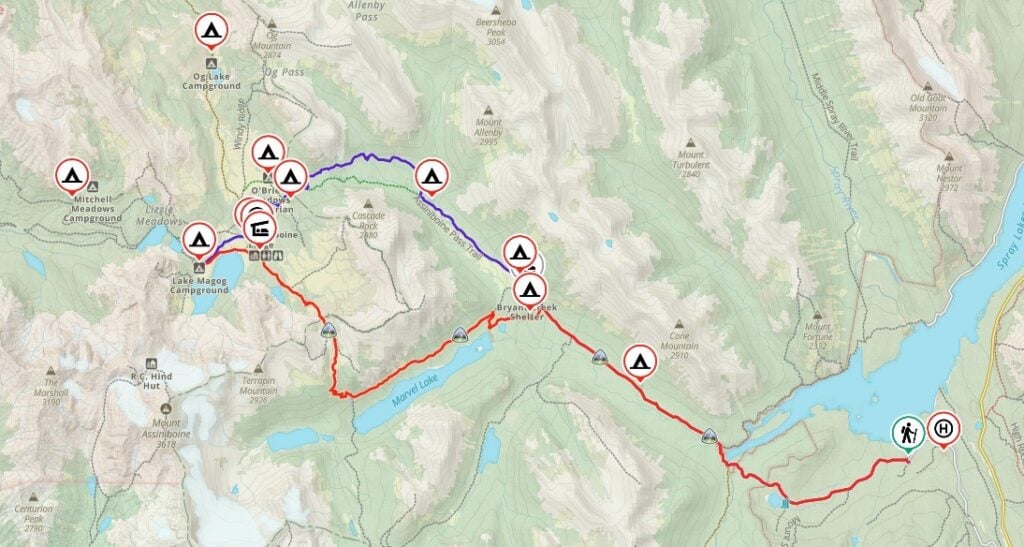 Mount Assiniboine Park map showing the Wonder Pass route